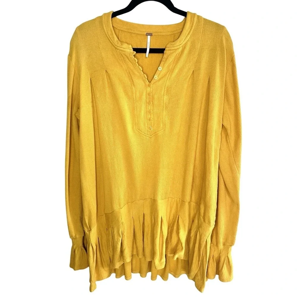 Free People Summer Struttin Mini Dress Golden Yellow Henley Waffle Ruffle Medium